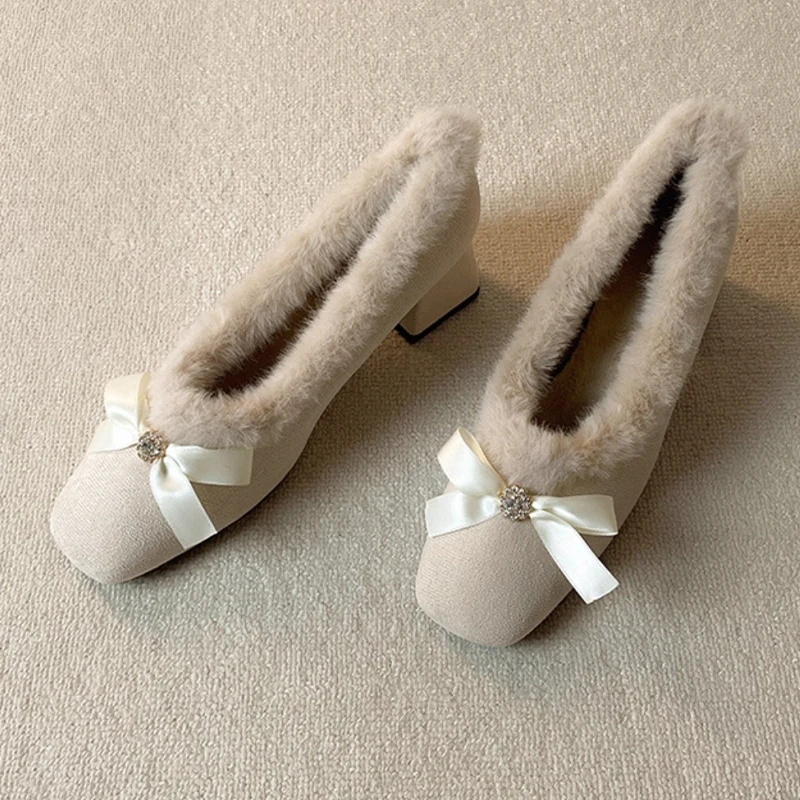 Fur Women High Heels Shoes Chunky Fashion Suede Pumps Designer Shallow Winter Boots Sexy Luxury Dress Zapatos Mujer Botas