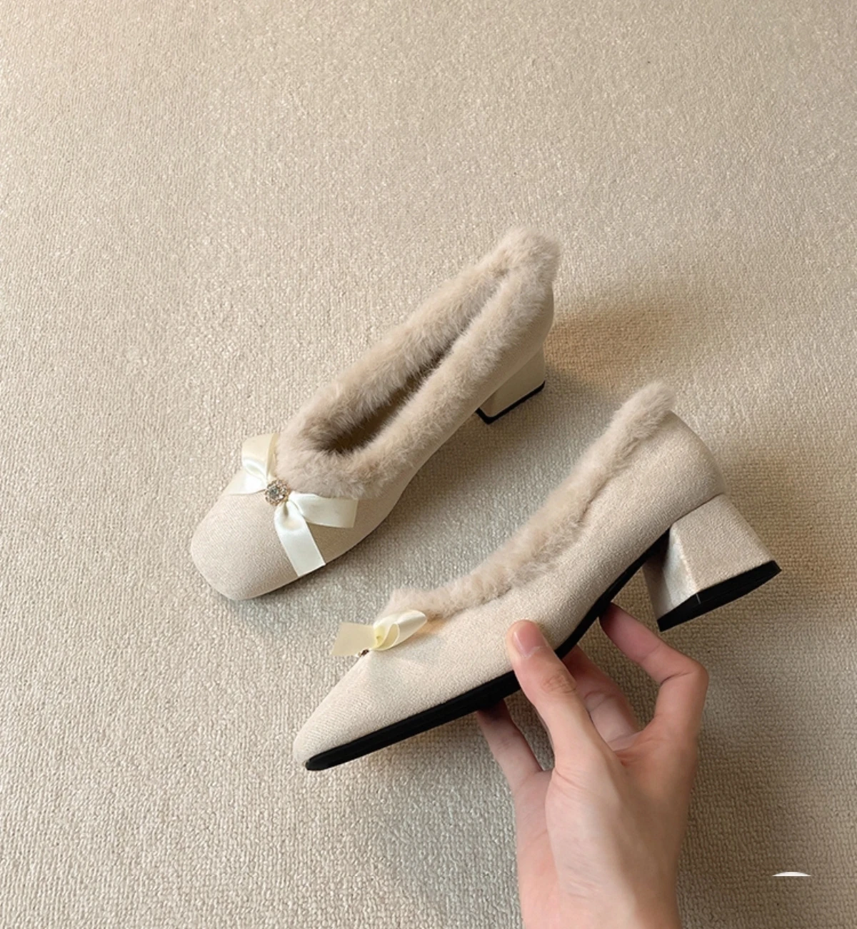 Fur Women High Heels Shoes Chunky Fashion Suede Pumps Designer Shallow Winter Boots Sexy Luxury Dress Zapatos Mujer Botas