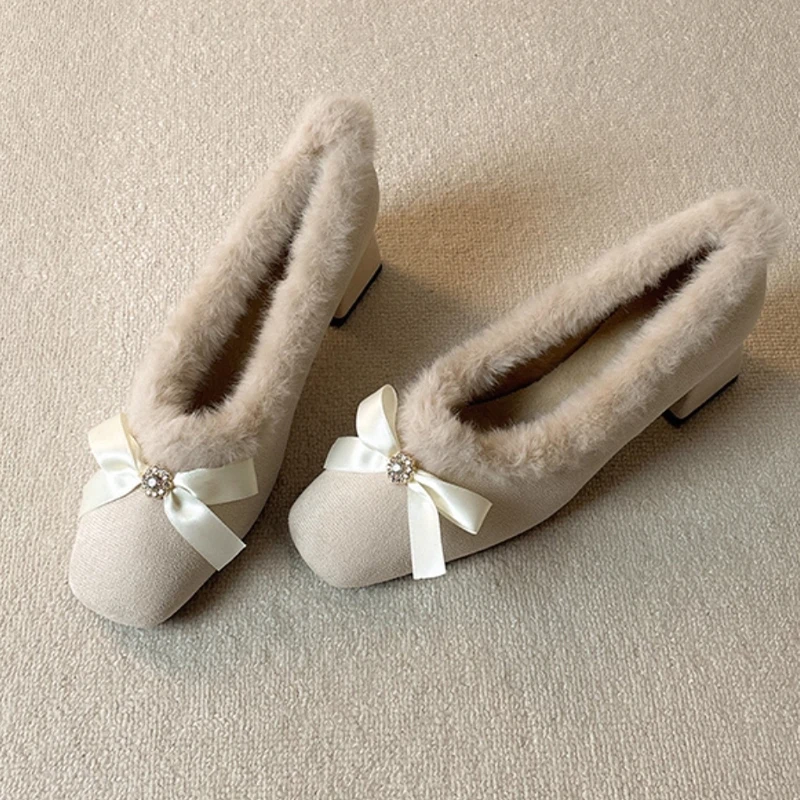 Fur Women High Heels Shoes Chunky Fashion Suede Pumps Designer Shallow Winter Boots Sexy Luxury Dress Zapatos Mujer Botas