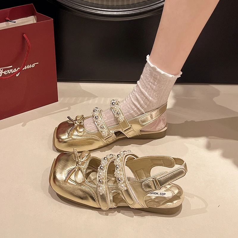 Autumn Cover Toe Women Sandals Elegant Butterfly-knot Pearl Buckle Shoes Ladies Outdoor Street Style Flats Sandalias
