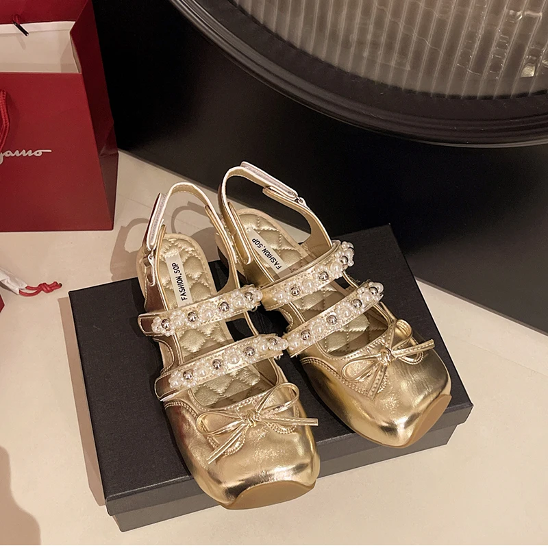 Autumn Cover Toe Women Sandals Elegant Butterfly-knot Pearl Buckle Shoes Ladies Outdoor Street Style Flats Sandalias