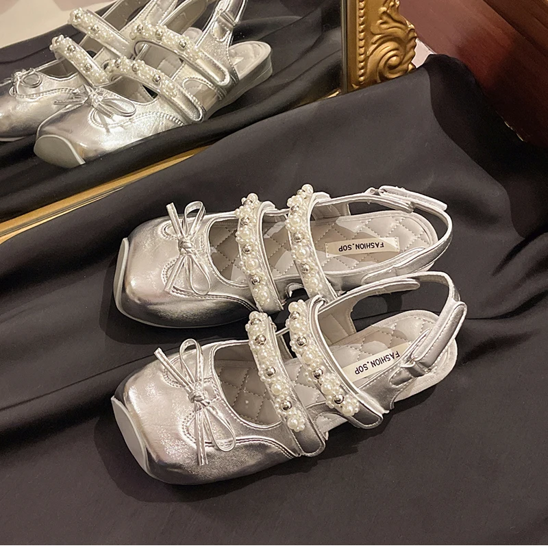 Autumn Cover Toe Women Sandals Elegant Butterfly-knot Pearl Buckle Shoes Ladies Outdoor Street Style Flats Sandalias