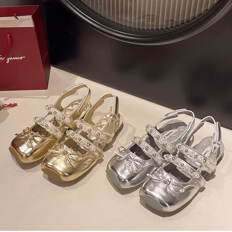 Autumn Cover Toe Women Sandals Elegant Butterfly-knot Pearl Buckle Shoes Ladies Outdoor Street Style Flats Sandalias