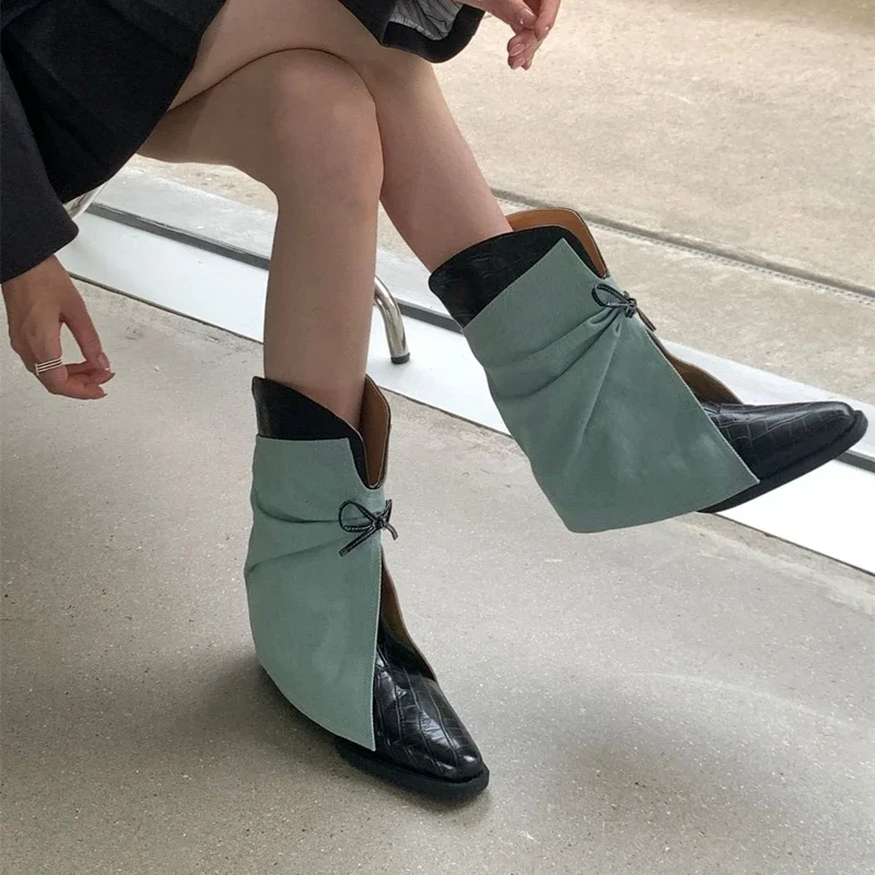 2025 New Style Women's Cowboy Boots Pointed Toe Thick Heel Female Short Boots Large Size Bow Trouser Boots for Women