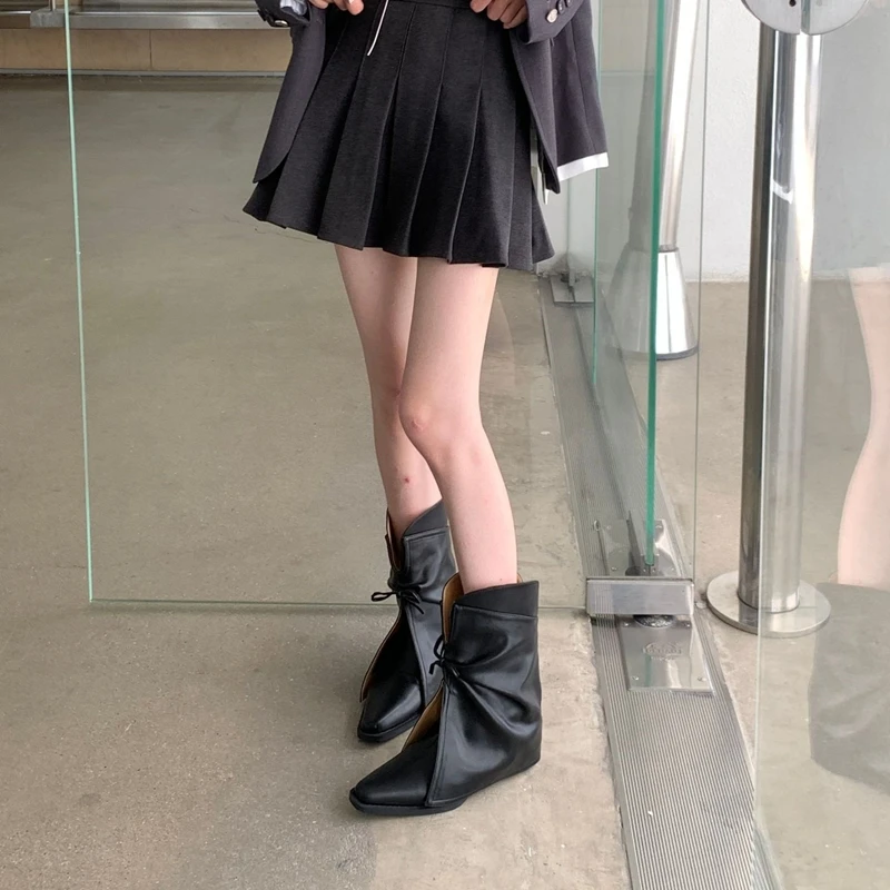 2025 New Style Women's Cowboy Boots Pointed Toe Thick Heel Female Short Boots Large Size Bow Trouser Boots for Women