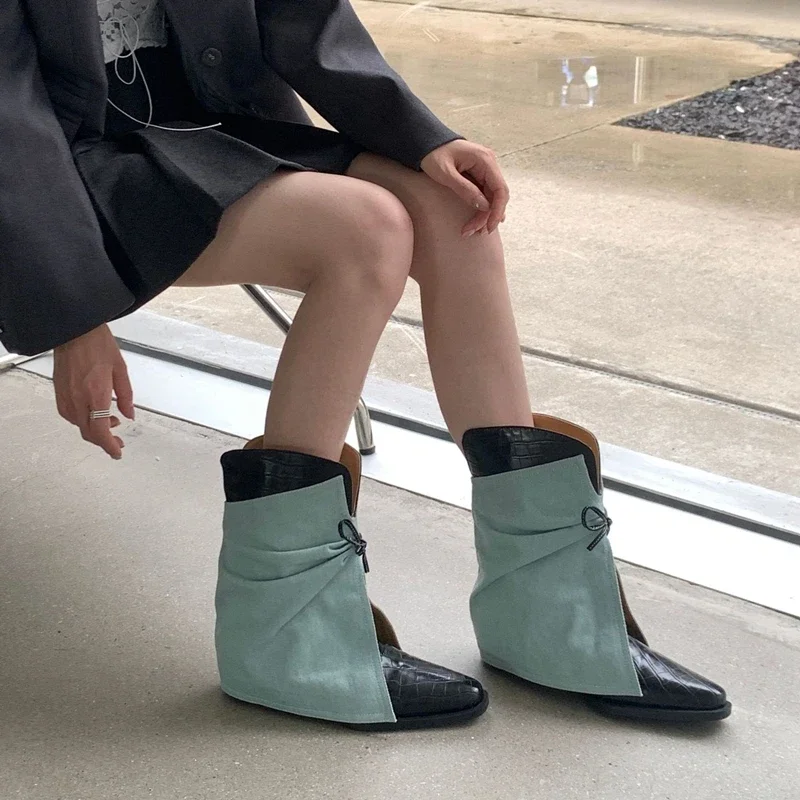 2025 New Style Women's Cowboy Boots Pointed Toe Thick Heel Female Short Boots Large Size Bow Trouser Boots for Women