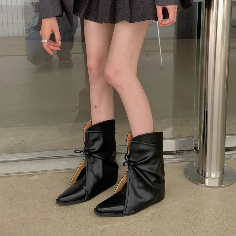 2025 New Style Women's Cowboy Boots Pointed Toe Thick Heel Female Short Boots Large Size Bow Trouser Boots for Women