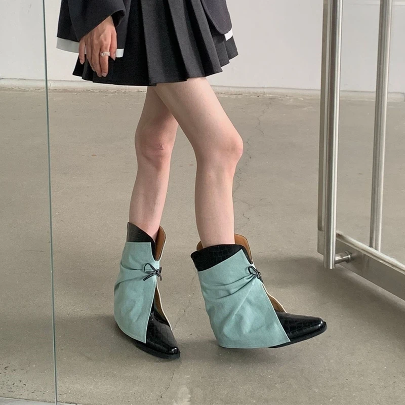 2025 New Style Women's Cowboy Boots Pointed Toe Thick Heel Female Short Boots Large Size Bow Trouser Boots for Women