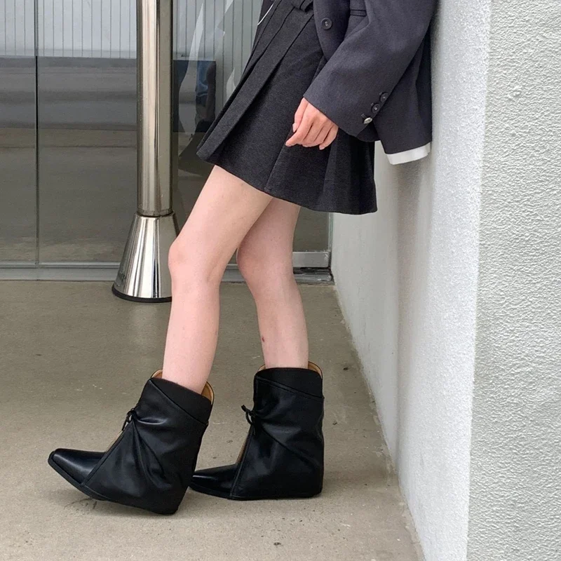 2025 New Style Women's Cowboy Boots Pointed Toe Thick Heel Female Short Boots Large Size Bow Trouser Boots for Women