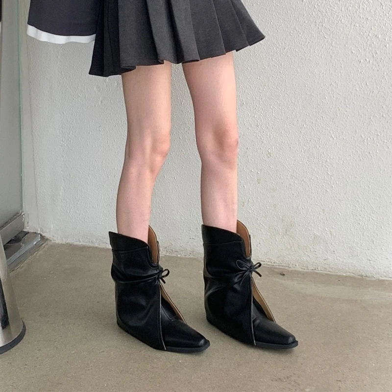 2025 New Style Women's Cowboy Boots Pointed Toe Thick Heel Female Short Boots Large Size Bow Trouser Boots for Women