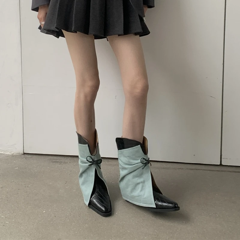 2025 New Style Women's Cowboy Boots Pointed Toe Thick Heel Female Short Boots Large Size Bow Trouser Boots for Women