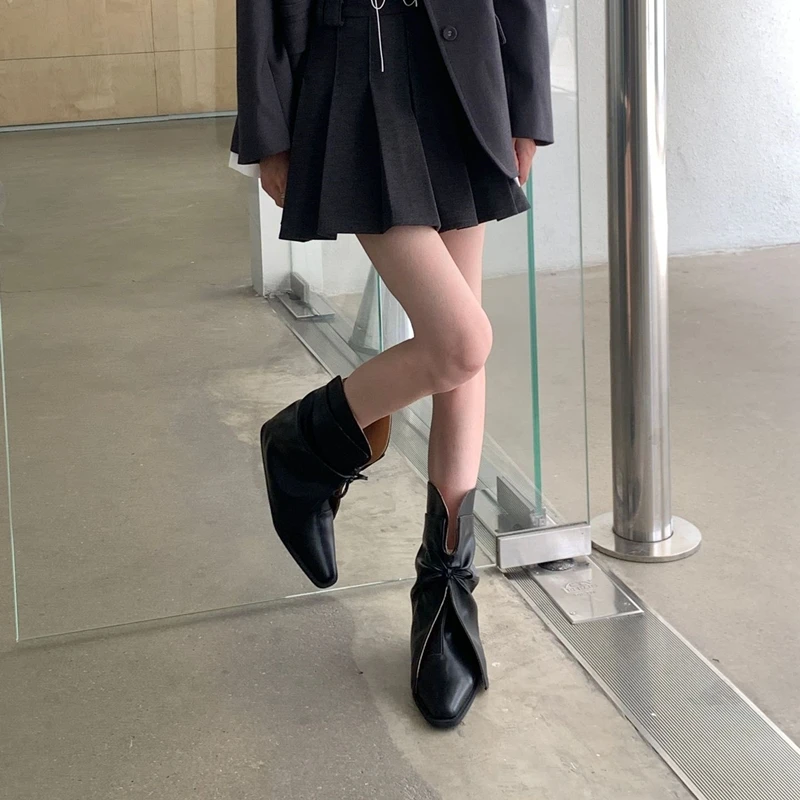 2025 New Style Women's Cowboy Boots Pointed Toe Thick Heel Female Short Boots Large Size Bow Trouser Boots for Women