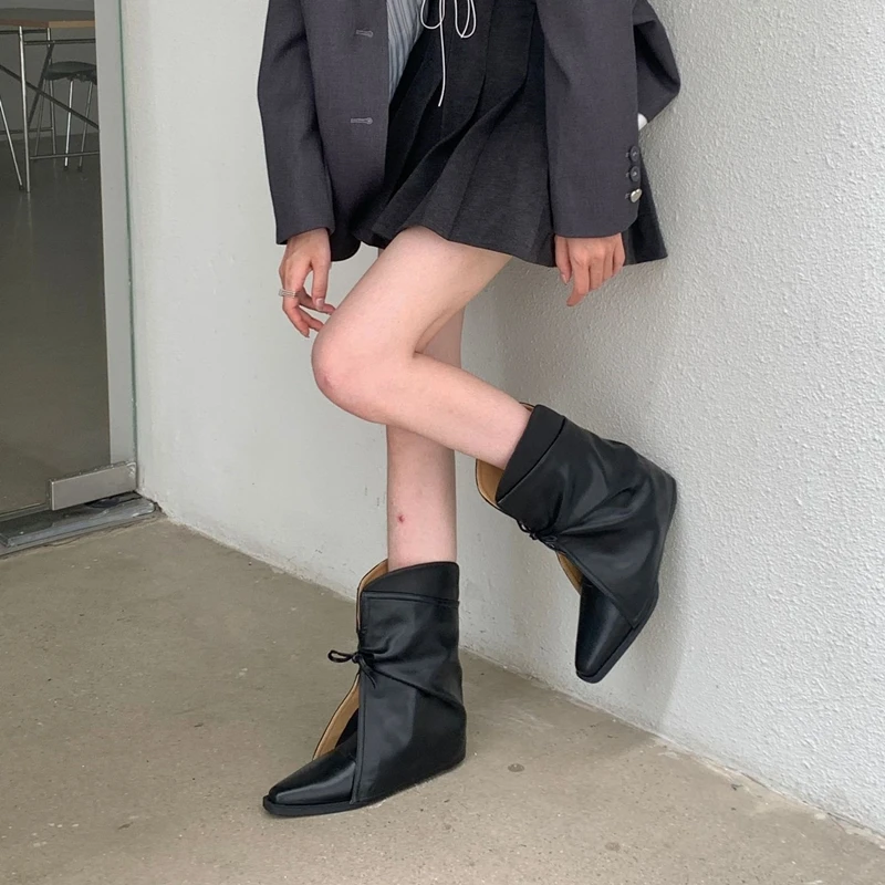 2025 New Style Women's Cowboy Boots Pointed Toe Thick Heel Female Short Boots Large Size Bow Trouser Boots for Women