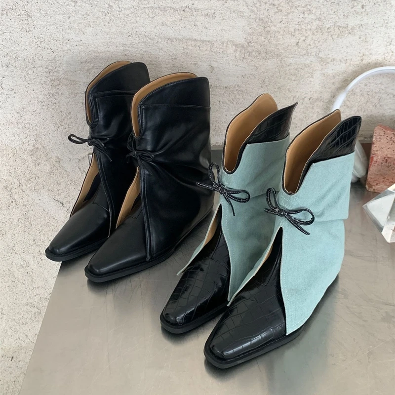 2025 New Style Women’s Cowboy Boots Pointed Toe Thick Heel Female Short Boots Large Size Bow Trouser Boots for Women 2025 New Style Women's Cowboy Boots Pointed Toe Thick Heel Female Short Boots Large Size Bow Trouser Boots for Women