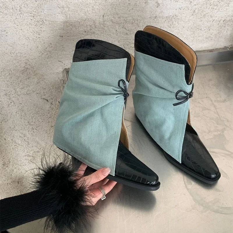 2025 New Style Women’s Cowboy Boots Pointed Toe Thick Heel Female Short Boots Large Size Bow Trouser Boots for Women 2025 New Style Women's Cowboy Boots Pointed Toe Thick Heel Female Short Boots Large Size Bow Trouser Boots for Women