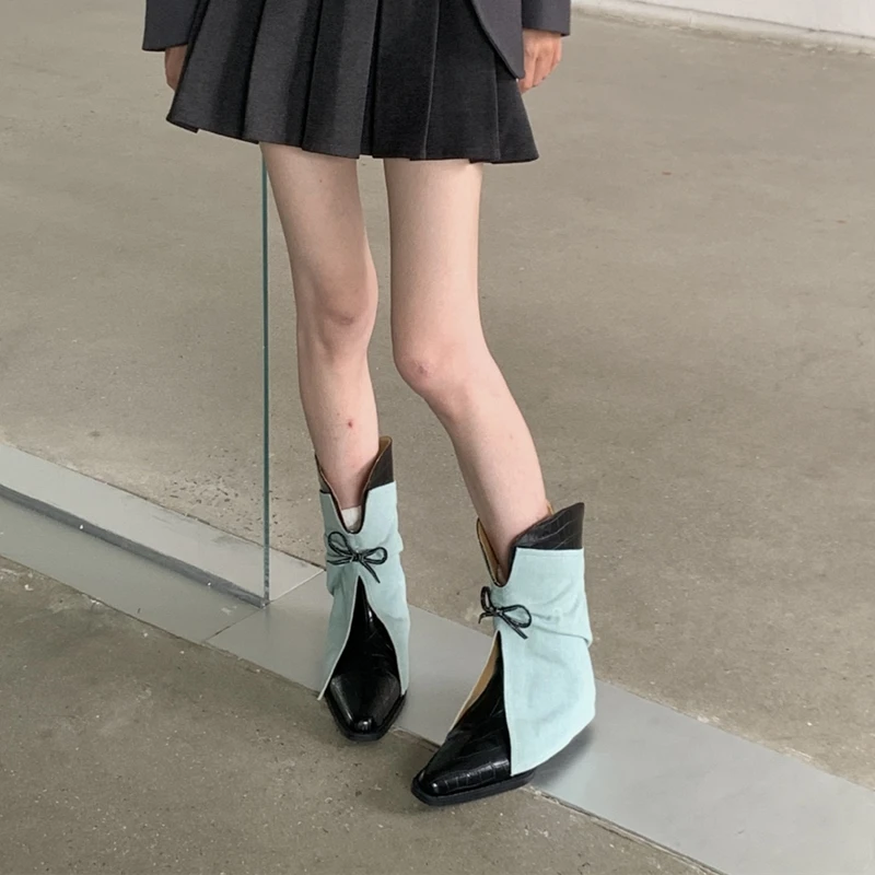 2025 New Style Women's Cowboy Boots Pointed Toe Thick Heel Female Short Boots Large Size Bow Trouser Boots for Women