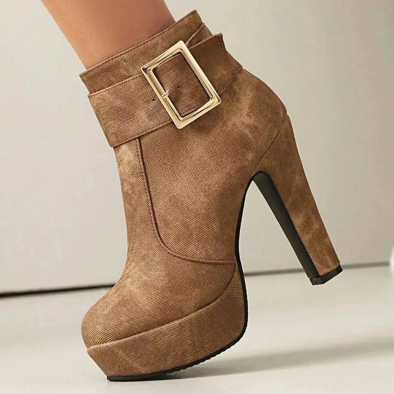 Canvas Chunky Heel Ankle Short Boots Women High Heel Platform Motorcycle Modern Western Work Boot Outdoor Punk Style Canvas Chunky Heel Ankle Short Boots Women High Heel Platform Motorcycle Modern Western Work Boot Outdoor Punk Style