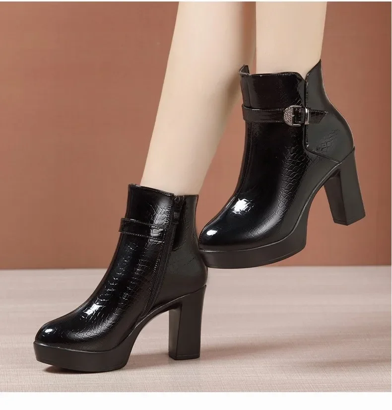 9cm Size 32-43 Fall Winter Genuine Leather Boots Women's Platform Shoes Block High Heels Short Ankle Boots for Office