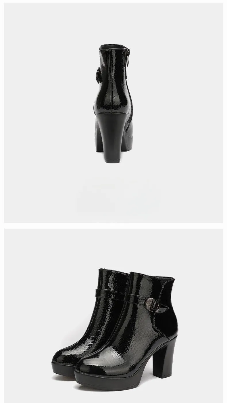9cm Size 32-43 Fall Winter Genuine Leather Boots Women's Platform Shoes Block High Heels Short Ankle Boots for Office