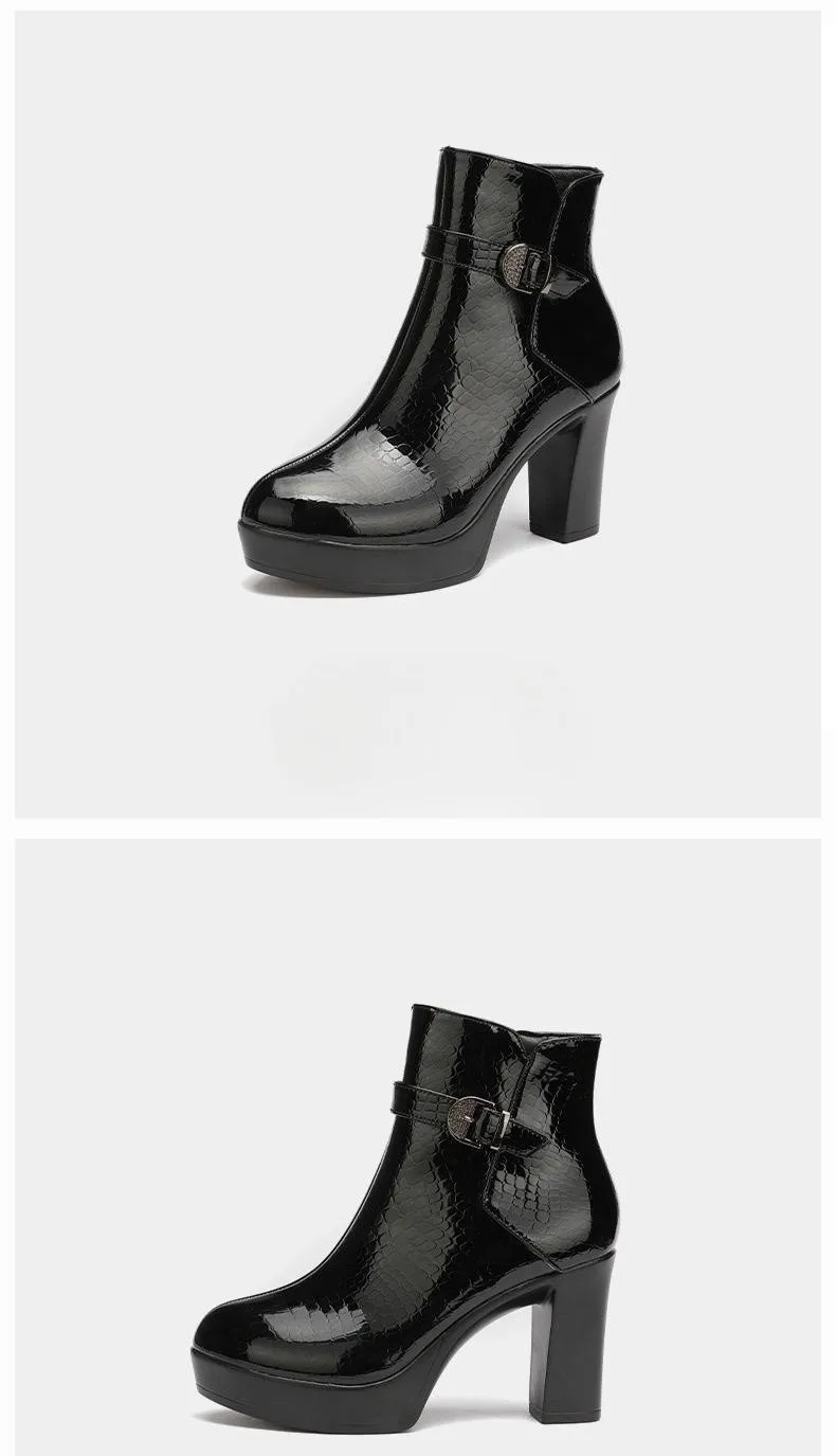 9cm Size 32-43 Fall Winter Genuine Leather Boots Women's Platform Shoes Block High Heels Short Ankle Boots for Office