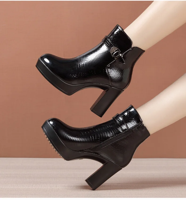 9cm Size 32-43 Fall Winter Genuine Leather Boots Women's Platform Shoes Block High Heels Short Ankle Boots for Office