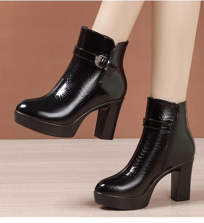 9cm Size 32-43 Fall Winter Genuine Leather Boots Women's Platform Shoes Block High Heels Short Ankle Boots for Office