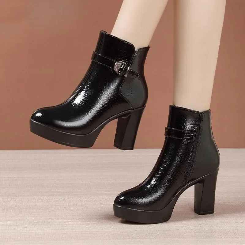 9cm Size 32-43 Fall Winter Genuine Leather Boots Women's Platform Shoes Block High Heels Short Ankle Boots for Office