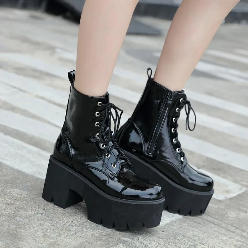 Women's Side Zipper Platform Boots Comfy Round Toe Lace Up Shoes Fashion Solid Color Comabt Boots Chunky Heels