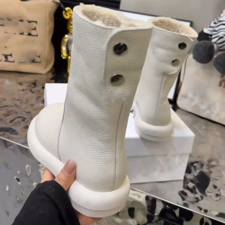 Winter New Pure Leather Women's Flat Two-Way Snow Boots with Fleece Short Boots Winter New Pure Leather Women's Flat Two-Way Snow Boots with Fleece Short Boots