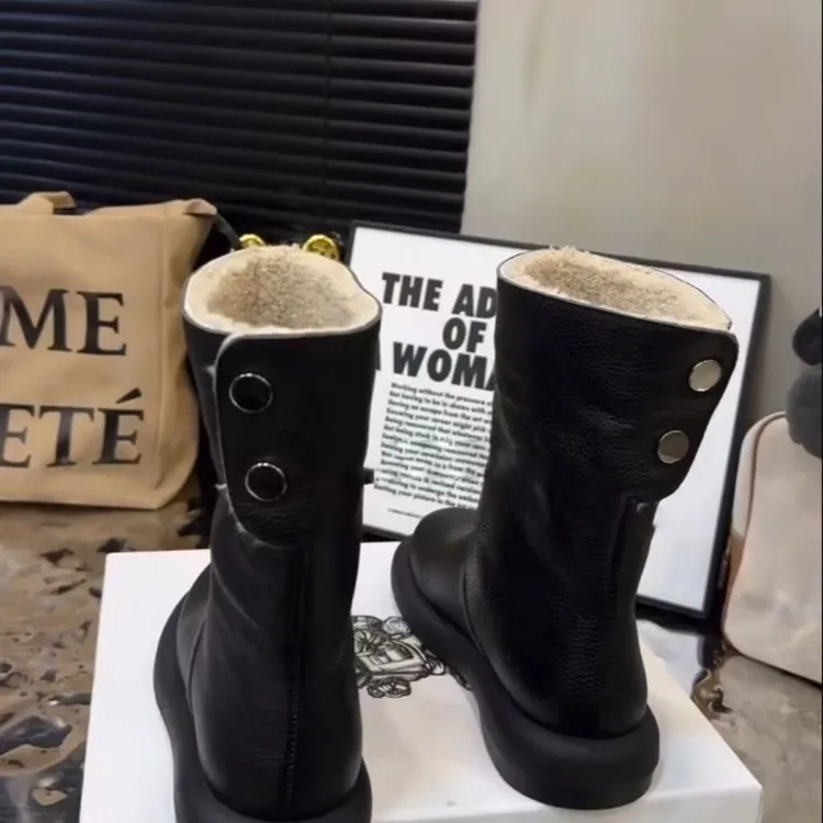 Winter New Pure Leather Women's Flat Two-Way Snow Boots with Fleece Short Boots Winter New Pure Leather Women's Flat Two-Way Snow Boots with Fleece Short Boots