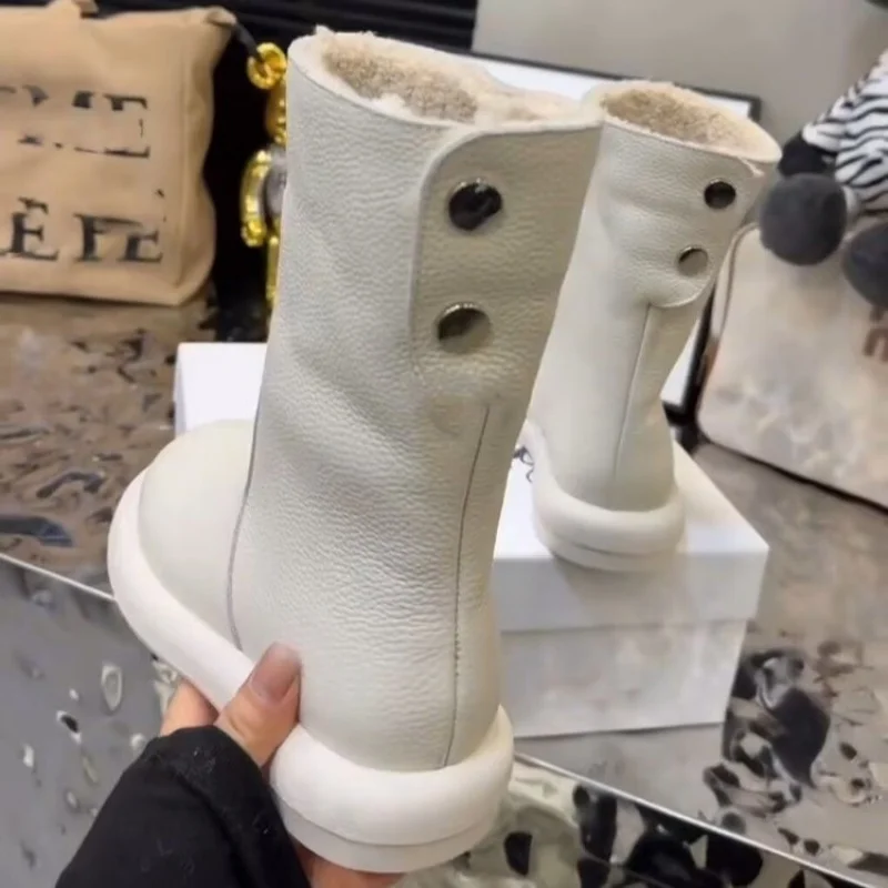 Winter New Pure Leather Women's Flat Two-Way Snow Boots with Fleece Short Boots
