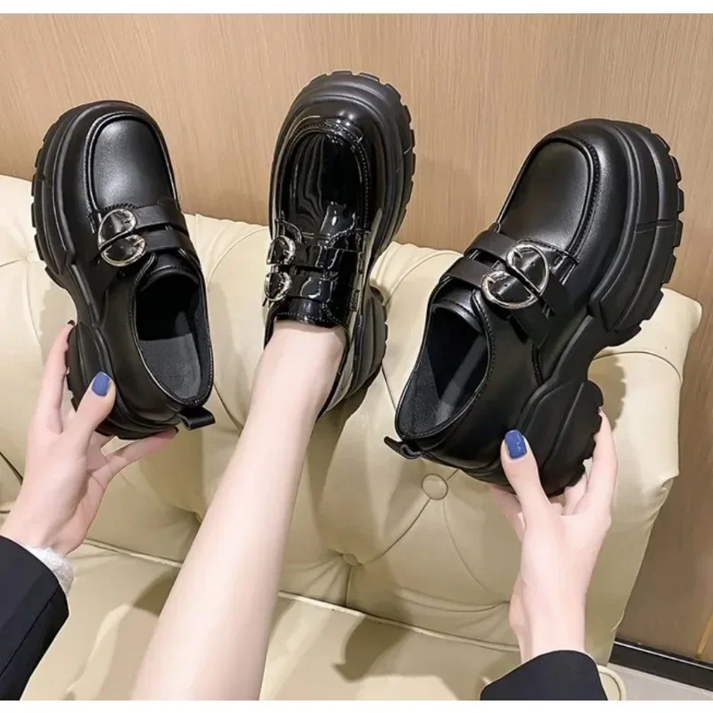 2025 Autumn Loafers Women High Platform 7CM Shoes Women's Thick Sole PU Leather British Metal Buckle Simple Mary Jane Shoes