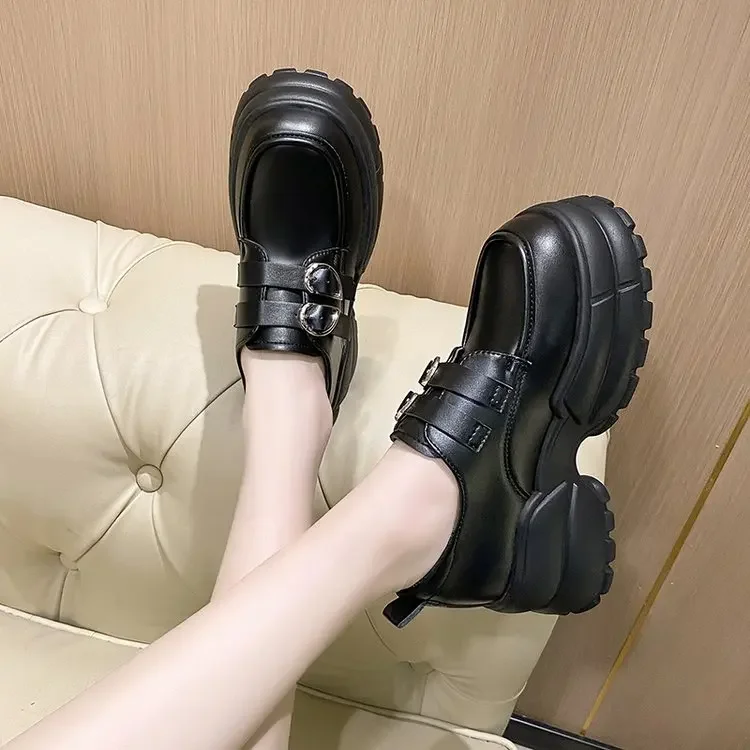 2025 Autumn Loafers Women High Platform 7CM Shoes Women's Thick Sole PU Leather British Metal Buckle Simple Mary Jane Shoes