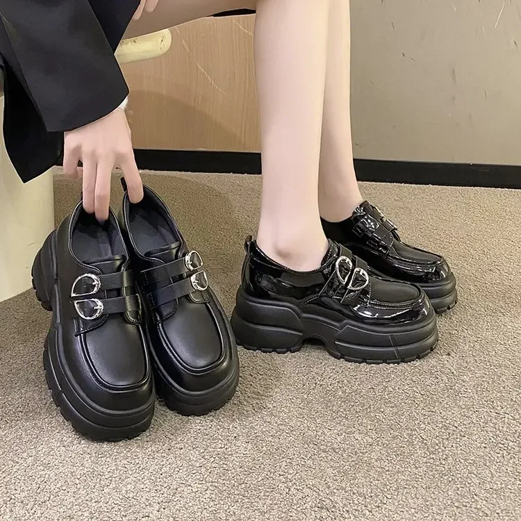 2025 Autumn Loafers Women High Platform 7CM Shoes Women's Thick Sole PU Leather British Metal Buckle Simple Mary Jane Shoes