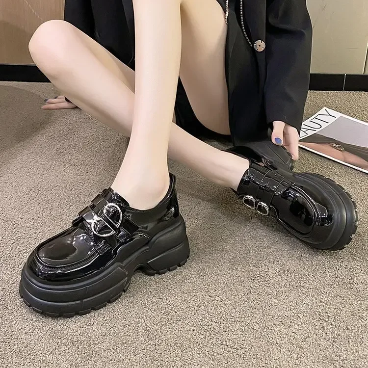 2025 Autumn Loafers Women High Platform 7CM Shoes Women's Thick Sole PU Leather British Metal Buckle Simple Mary Jane Shoes