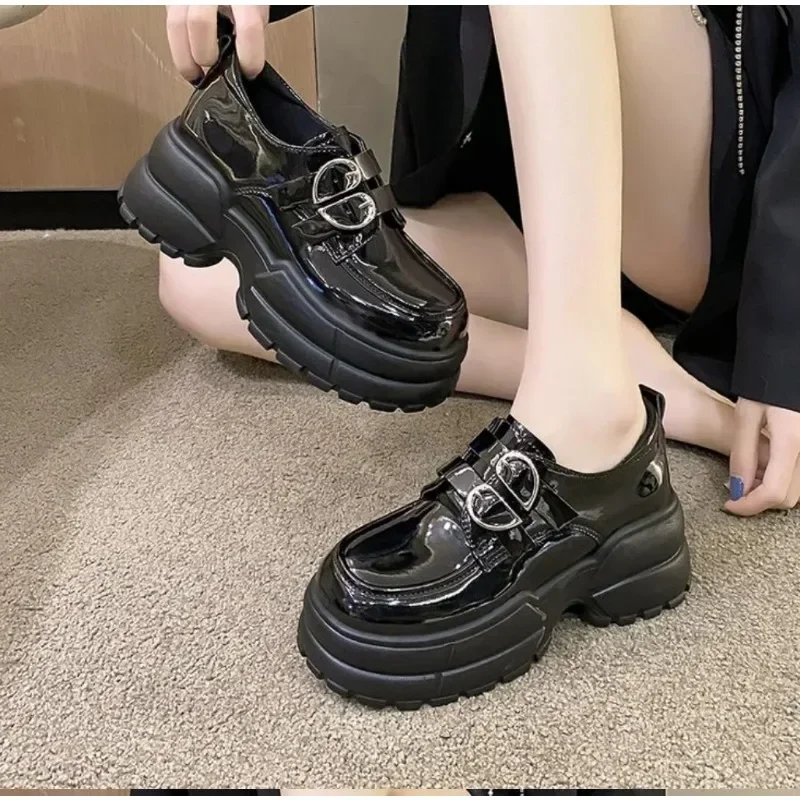 2025 Autumn Loafers Women High Platform 7CM Shoes Women's Thick Sole PU Leather British Metal Buckle Simple Mary Jane Shoes