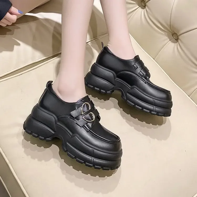 2025 Autumn Loafers Women High Platform 7CM Shoes Women's Thick Sole PU Leather British Metal Buckle Simple Mary Jane Shoes