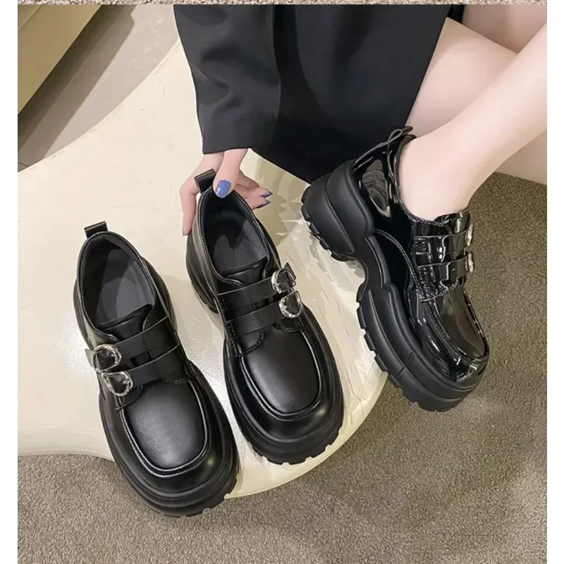 2025 Autumn Loafers Women High Platform 7CM Shoes Women's Thick Sole PU Leather British Metal Buckle Simple Mary Jane Shoes