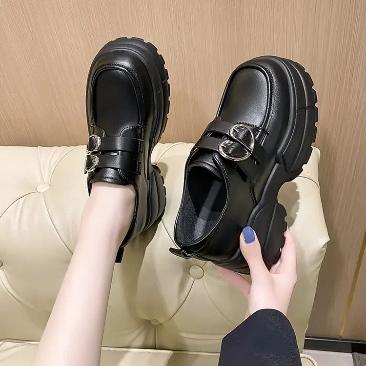 2025 Autumn Loafers Women High Platform 7CM Shoes Women's Thick Sole PU Leather British Metal Buckle Simple Mary Jane Shoes