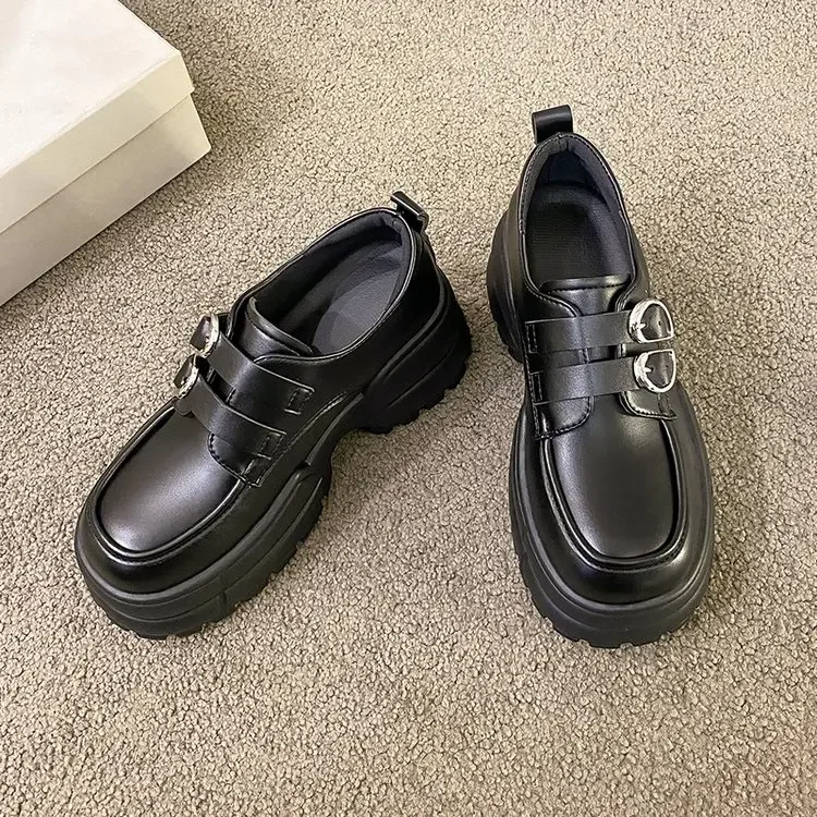 2025 Autumn Loafers Women High Platform 7CM Shoes Women's Thick Sole PU Leather British Metal Buckle Simple Mary Jane Shoes