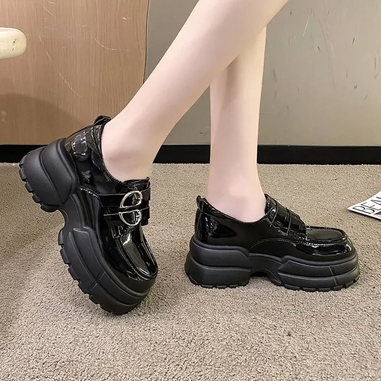 2025 Autumn Loafers Women High Platform 7CM Shoes Women's Thick Sole PU Leather British Metal Buckle Simple Mary Jane Shoes