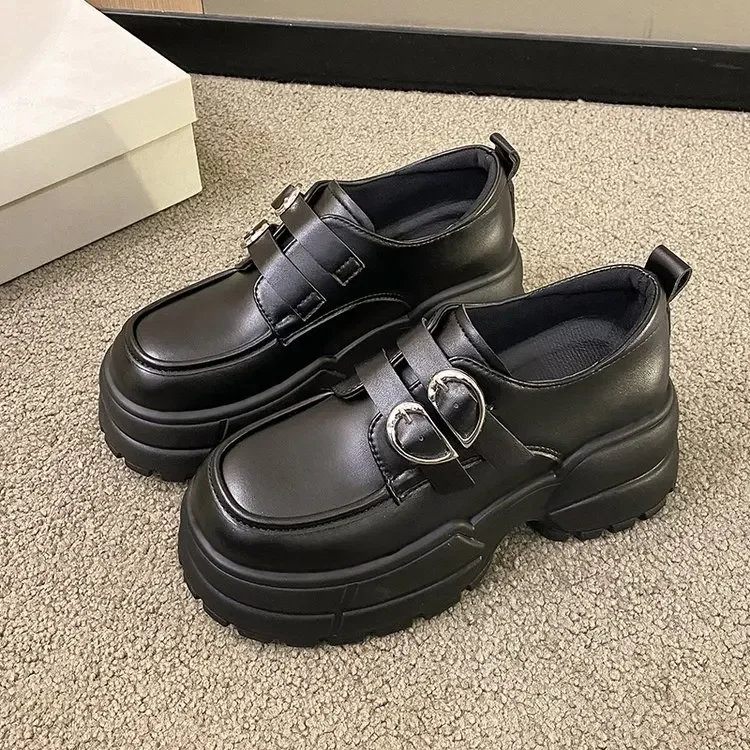 2025 Autumn Loafers Women High Platform 7CM Shoes Women's Thick Sole PU Leather British Metal Buckle Simple Mary Jane Shoes