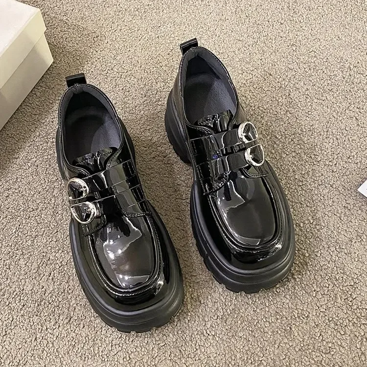 2025 Autumn Loafers Women High Platform 7CM Shoes Women's Thick Sole PU Leather British Metal Buckle Simple Mary Jane Shoes