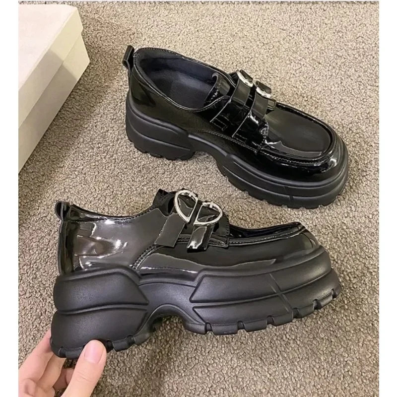 2025 Autumn Loafers Women High Platform 7CM Shoes Women's Thick Sole PU Leather British Metal Buckle Simple Mary Jane Shoes