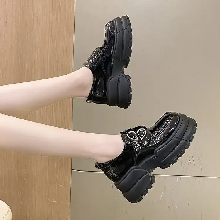 2025 Autumn Loafers Women High Platform 7CM Shoes Women's Thick Sole PU Leather British Metal Buckle Simple Mary Jane Shoes