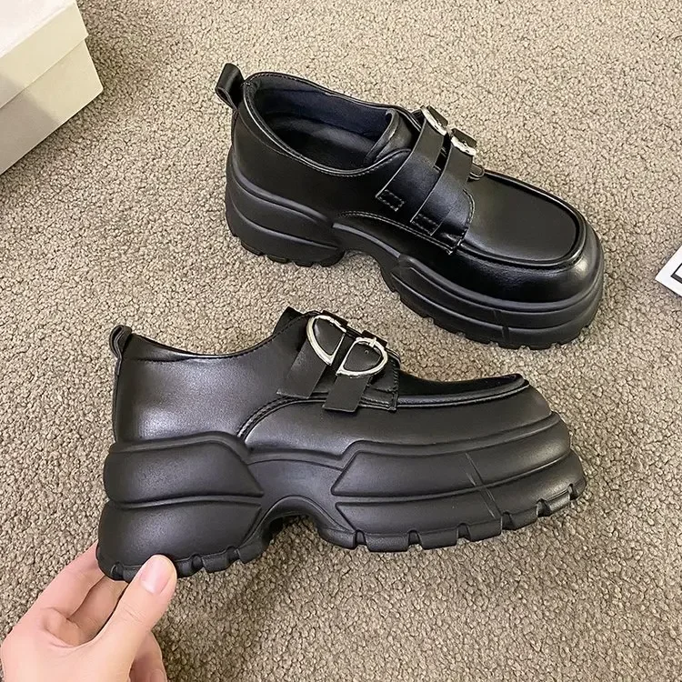 2025 Autumn Loafers Women High Platform 7CM Shoes Women's Thick Sole PU Leather British Metal Buckle Simple Mary Jane Shoes