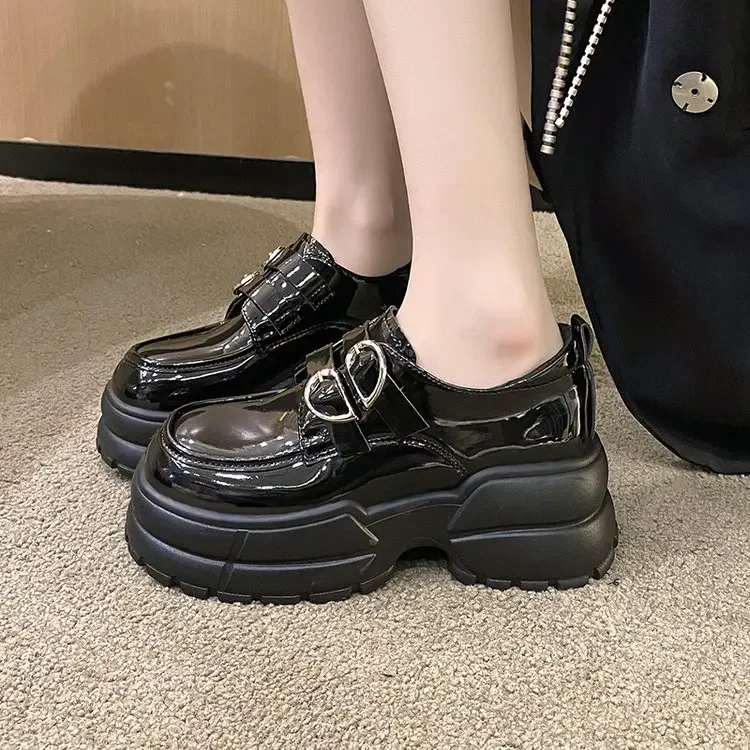 2025 Autumn Loafers Women High Platform 7CM Shoes Women's Thick Sole PU Leather British Metal Buckle Simple Mary Jane Shoes