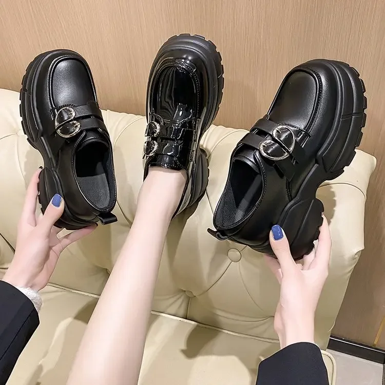 2025 Autumn Loafers Women High Platform 7CM Shoes Women's Thick Sole PU Leather British Metal Buckle Simple Mary Jane Shoes