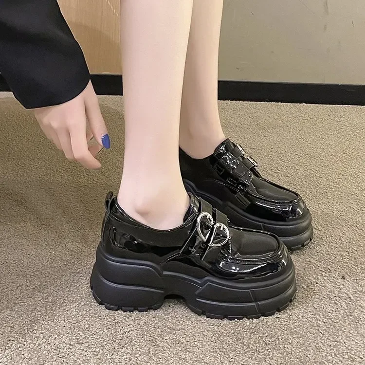 2025 Autumn Loafers Women High Platform 7CM Shoes Women's Thick Sole PU Leather British Metal Buckle Simple Mary Jane Shoes