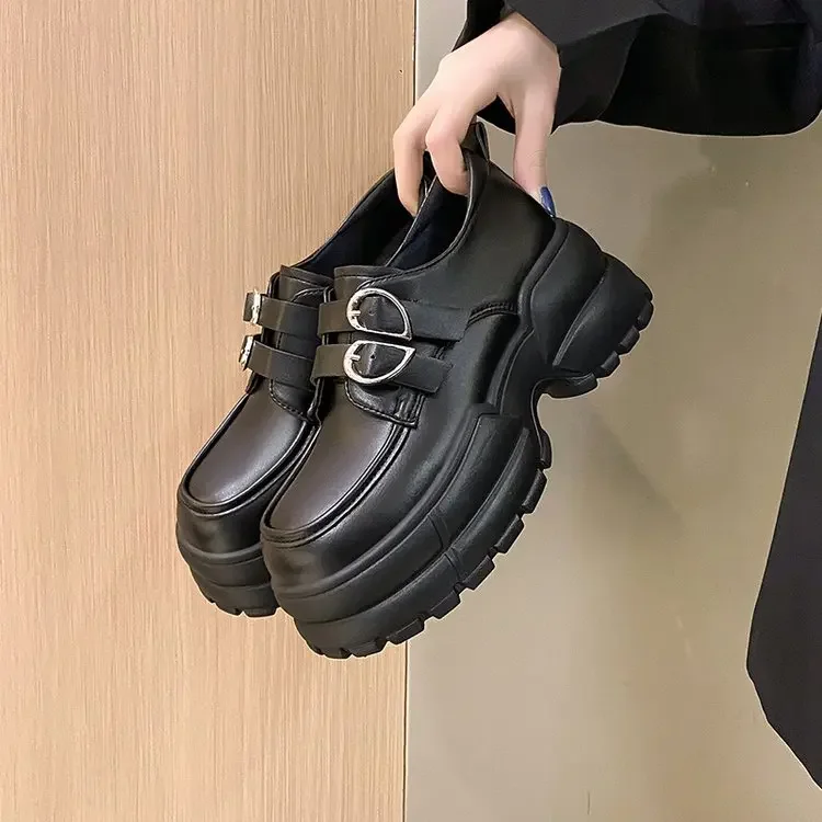 2025 Autumn Loafers Women High Platform 7CM Shoes Women's Thick Sole PU Leather British Metal Buckle Simple Mary Jane Shoes